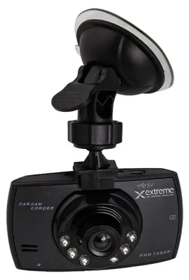 A black car camcorder with a suction cup mount.