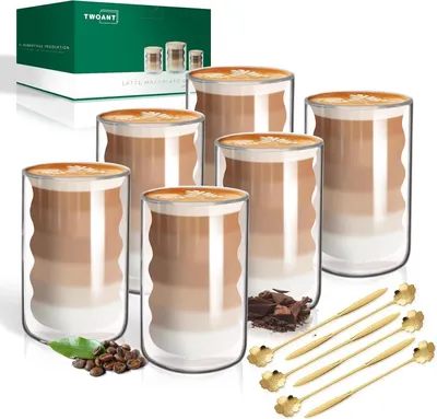 Zdjęcie produktu dla Szklanki do latte macchiato z podwójnymi ściankami 400 ml, opakowanie 6 sztuk + łyżeczki