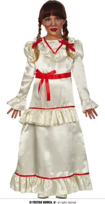 Produktbild von Halloween Puppenkostüm Grusel Rüschen Langarm Maxikleid Rot Weiß Kleid Kinderparty, Größe: 140/146 Farbe: Weiß