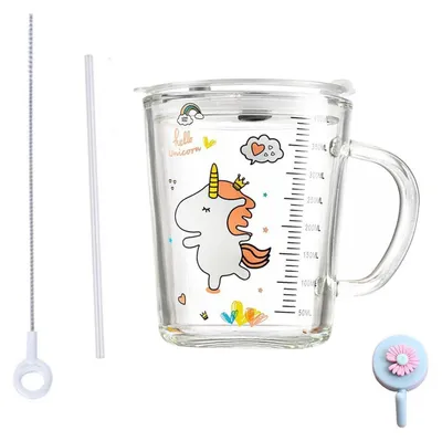 Image de Gobelet en verre avec graduation, paille en silicone et couvercle, 400 ml, résistant à la chaleur
