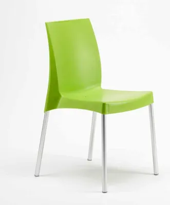 A single green chair with silver legs is shown against a white background.