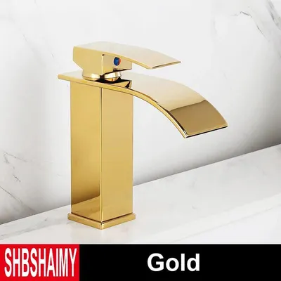 Produktbild von Waschtischarmatur - Wasserfall-Armatur - Einlochmontage - Einhebelmischer Warm/Kalt - Keramik-Kartusche - Deckmontage - Messingkörper - Gold