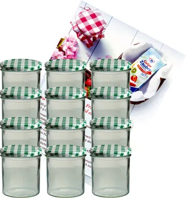 A set of glass jars with green checkered lids, arranged in rows, with some marketing material in the background.