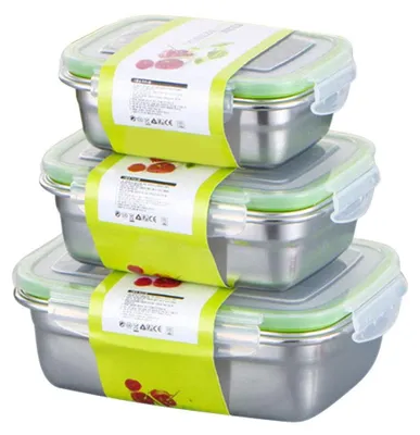Produktbild von Set aus 3 Edelstahl-Aufbewahrungsboxen mit Deckel, Luftdicht und Auslaufsicher