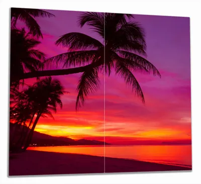 Produktbild von Wallario Herdabdeckplatte aus Glas, Größe 60 x 52 cm 2-teilig, Motiv Abendrot unter Palmen - pinker Himmel am Strand