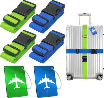 Productafbeelding van Verstelbare kofferriemen set van 4 - Reisriemen voor bagage met etiketten in blauw en groen