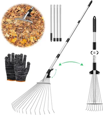 Image de Balai à main, 215, râteau en acier, balai de jardin pour les feuilles, râteau avec manche, râteau pour nettoyer les plantes, les pelouses et les cours