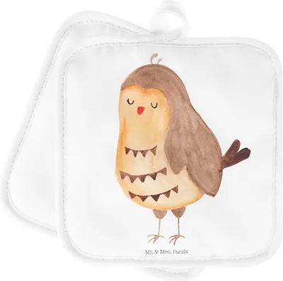 Produktbild von Mr. & Mrs. Panda Topflappen Eule Zufrieden - Weiß - Geschenk, Owl, Topflappenset, topfhalter, Waldtier, Set, Ofenlappen, Hochzeitstag, glücklich, Topfuntersetzer