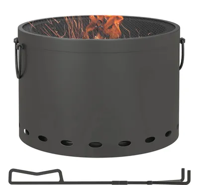 A black metal fire pit with a mesh cover and a fire poker.