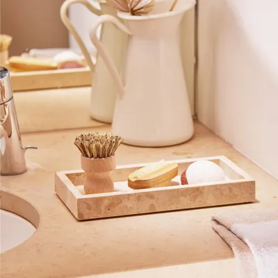 Image de Plateau en pierre naturelle - Plateau décoratif - 25 x 12 cm - Plateau à bougies - Plateau en pierre - Beige - Design élégant - Plateau décoratif