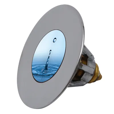 A close-up studio shot of a pop-up drain stopper with a water droplet motif.