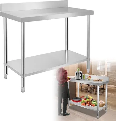 Imagen del producto de Mesa de trabajo de acero inoxidable con borde elevado, ideal para cocina. Mesa de acero inoxidable con altura ajustable. Mesa de preparación, mesa de corte. Mesa para hostelería y catering, con una capacidad máxima de 160 kg (100 x 60 x 85 cm)