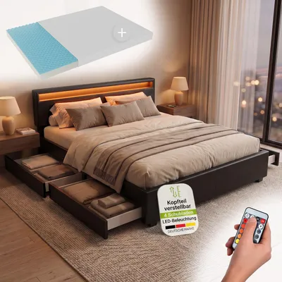 Produktbild von Juskys Polsterbett Lyon 180 x 200 cm mit Bettkasten, LED Beleuchtung, Lattenrost & Matratze - Kunstleder & Holz – Bett Bettgestell Doppelbett schwarz