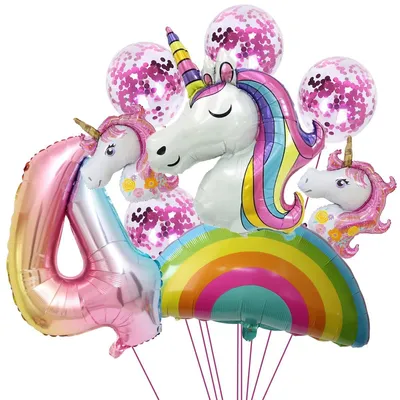 Einhorn-Geburtstagsballon-Set, 9-teilig, 81 cm, Zahl 4