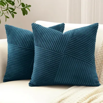 Productafbeelding van Cord kussenhoezen, set van 2, met windmolenmotief, stofkleur blauw, 45x45 cm