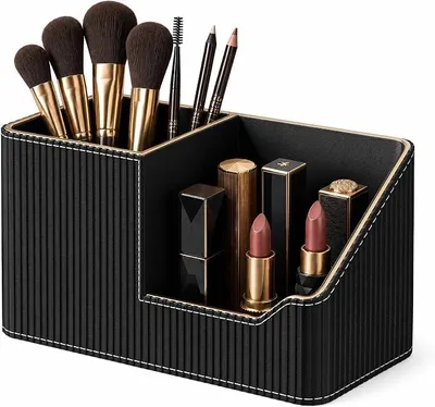 Produktbild von PolkaHome® Make-up Pinselhalter, Kunstleder Kosmetik Organizer für Schminktisch, Schwarz