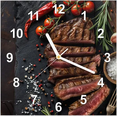 Produktbild von Wanduhr aus Glas mit Motiv Gegrilltes Steak Teller- 30 x 30 cm - inkl. Aufhängesystem