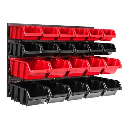 Image de Panneau à outils mural 57,6 x 39 cm avec 22 pcs. Boîtes suspendues rouges et noires Boîtes empilables