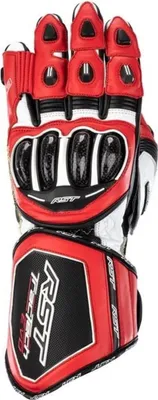 A single red, white, and black motorcycle glove shown from the front.