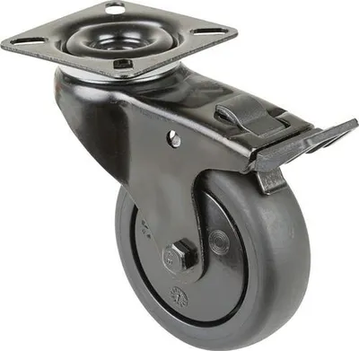 Produktbild von BS Rollen Lenkrolle mit Feststeller Rad-Ø 75 mm Tragfähigkeit 60 kg, mit Anschraubplatte mit Totalfeststeller, Gummi schwarz