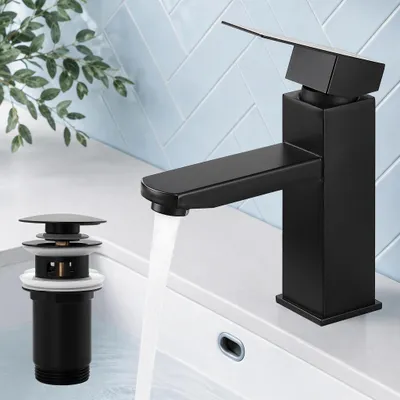 Produktbild von Homelody Wasserhahn Bad Schwarz Edelstahl mit Pop-Up Ablauf Edelstahl, Waschtischarmatur Badarmatur mit Ablaufgarnitur 1 1/4 Zoll Waschbecken Armatur