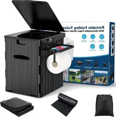 Obrázok produktu pre Prenosná kempingová toaleta pre dospelých - skladacia toaleta do interiéru alebo exteriéru s vekom, odnímateľným držiakom na toaletný papier a držiakom na mobilný telefón (čierna)