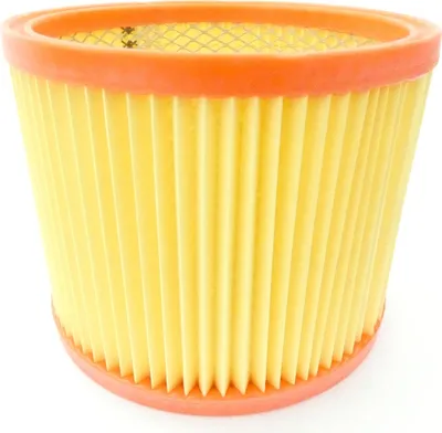 A close-up studio shot of a cylindrical air filter with pleated yellow filter material and orange rubber seals at the top and bottom.