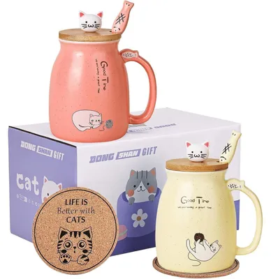 Productafbeelding van Keramische beker set van 2 stuks, met deksel en lepel, 450 ml, roze en geel