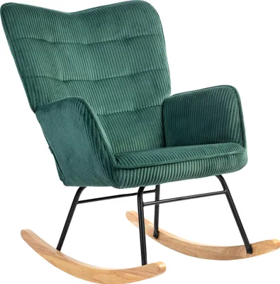 A dark green corduroy rocking chair with wooden rockers and a black metal frame, shown against a white background.