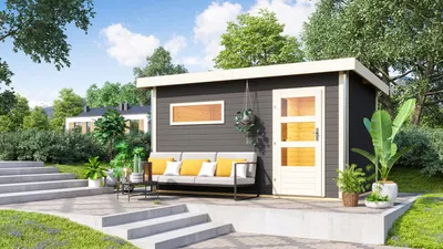 Produktbild von Karibu Saunahaus Außensauna Gartensauna Skrollan 3 terragrau lackiert Ofen 9 KW externe Strg easy 38mm Massivholz 396x231x227 cm mit Moderne Tür