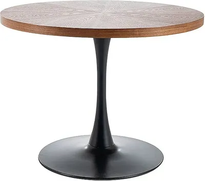 A round dining table with a wood-grain top and a black pedestal base.