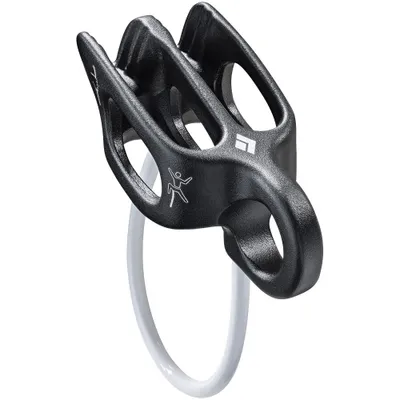 A black climbing belay device with a white rope loop attached.