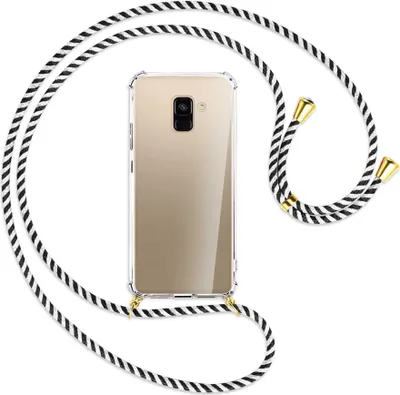Produktbild von Handykette Backcover-Schutzhülle mit Band (Metall goldfarben) für Samsung Galaxy A8 2018 - schwarz/weiß gestreift