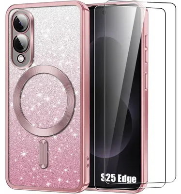 Image de Coque + 2 Verres Trempés pour Samsung Galaxy S25 Edge, Protection Scintillante avec Anneau Magnétique - Rose