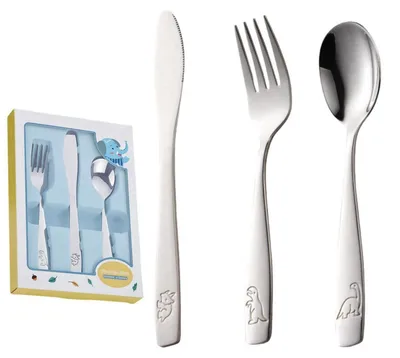 Image de Ensemble de couverts pour enfants, comprenant 3 pièces : une cuillère, une fourchette et un couteau, en acier inoxydable 304, adaptés aux enfants à partir de 3 ans, et compatibles avec le lave-vaisselle