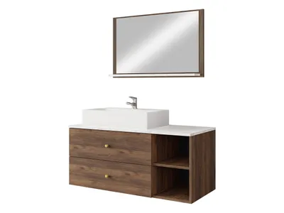 Produktbild von MIRJAN24 Badmöbel Kertos I, 3er-Set Badmöbel-Set, Spiegel, Waschbeckenschrank, Waschbecken, Aluminiumgriffe, Spihon (Farbe: Nuss Warmia / Nuss Warmia Rillen + Marmor Bianco)
