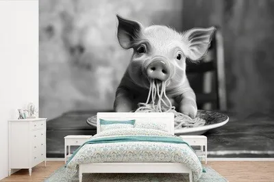 Imagen del producto de Papel pintado con diseño de cerdito, estilo "spaghetti", para decoración de paredes. Color: blanco y . Dimensiones: 390 cm de ancho x 260 cm de alto