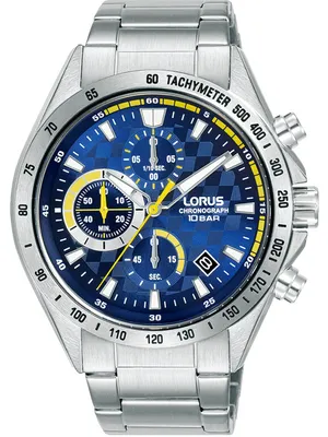 A close-up studio shot of a Lorus chronograph watch.