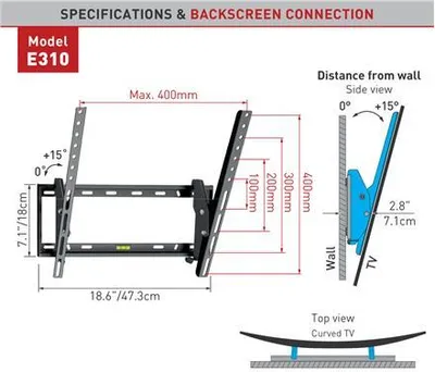 Produktbild von Barkan Mounting Systems E310+, 48,3 cm (19"), 165,1 cm (65"), 75 x 75 mm, 400 x 400 mm, 0 - 15°, Schwarz