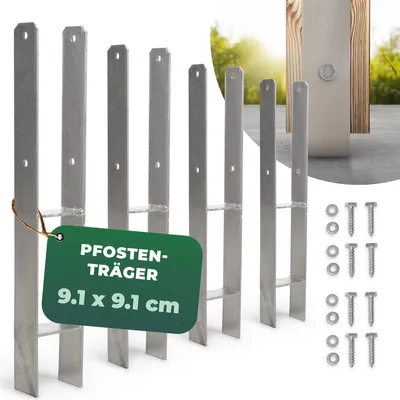 Produktbild von Novatool 4x Einschlagbodenhülsen-Set H-Form 91x91x600 mm, Bodenhülse Sonnenschirm Pfostenträger Zaunpfosten Holzpfosten Bodenhülsen Einschlaghülse Erdspieß zum Einschlagen, verzinkt, mit Schrauben