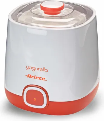 A close-up studio shot of a white and orange yogurt maker on a white background.