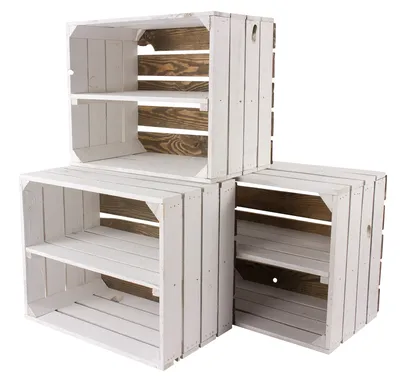 Produktbild von 3er Set weißes/weisses Regal Apfelkiste Zwischenbrett längs 50cm x 40cm x 30cm Schuhregal Obstkiste/Weinkiste Bücherregal Kiste aus Holz Einlageboden