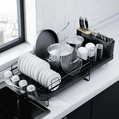 Obrázek produktu pro Odkapávač na nádobí, výsuvný stojan na nádobí, multifunkční odkapávač a sušák na nádobí, sušák na nádobí s příbory, 67,8 x 32,7 x 14,9 cm, černý