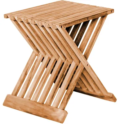 A wooden folding stool shown from a three-quarter view against a white background.