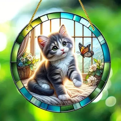 Produktbild von GKA Sonnenfänger süße Katze mit Schmetterling 15 cm Buntglas Lichtfänger Fensterbild Fenster Fensterschmuck Fensterdeko