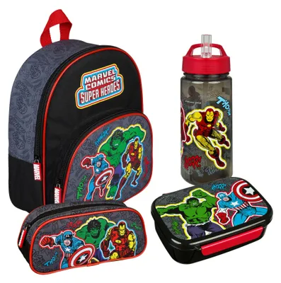 Produktbild von Avengers Kindergarten Set 4-teilig, Kinderrucksack Trinkflasche Brotdose & Schüleretui Jungen, Marvel Schwarz