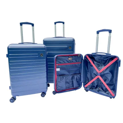 A set of three blue suitcases of different sizes, displayed on a white background. One of the larger suitcases is open, showing its interior.