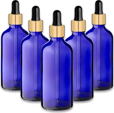 Produktbild von 5x Blaue Glasflasche 100 ml mit goldener Aluminiumpipette Tropfflasche