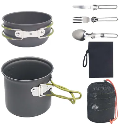 Produktbild von Camping-Kochgeschirr-Set, 7-teilig – Tragbares Pfannenset – Klappbares Besteck – Edelstahl – Platzsparend – Lebensmittelecht – Camping-Geschirrset