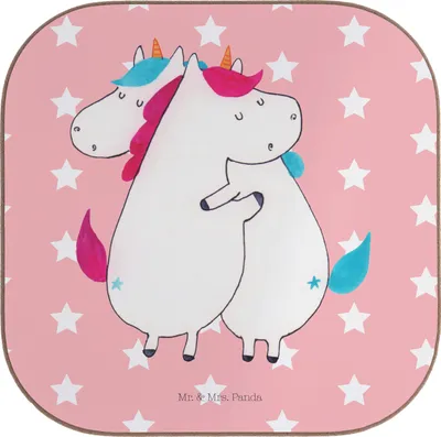 Produktbild von Mr. & Mrs. Panda Tassen Untersetzer Einhörner Umarmen - Rot Pastell - Geschenk, Unicorn, Schwestern, für Gläser, BFF, weinuntersetzer, Coaster, Liebe, gläseruntersetzer